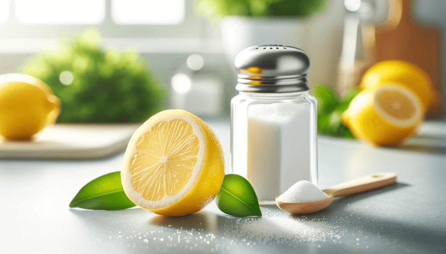 Un citron et du sel sur une table pour nettoyer une tache de sang