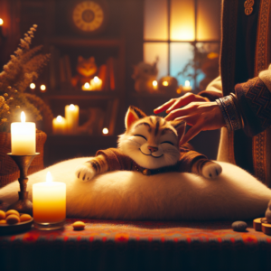 Un chat se détendant pendant qu'il reçoit un massage doux.