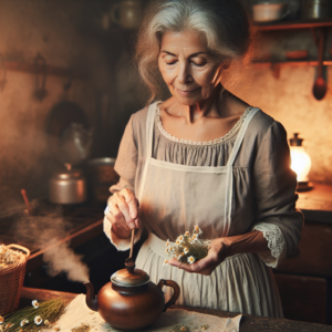 Une grand-mère prépare une infusion de camomille dans une cuisine lumineuse