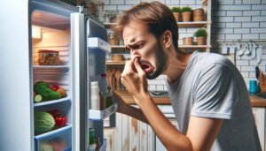 Homme se pinçant le nez pour ne pas sentir les mauvaises odeurs du frigo