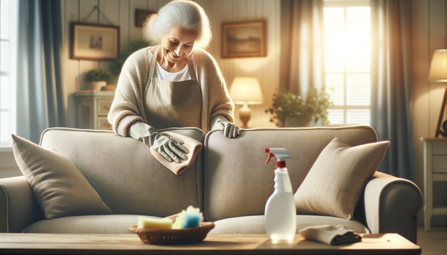 Grand-mère qui nettoie un canapé en tissu