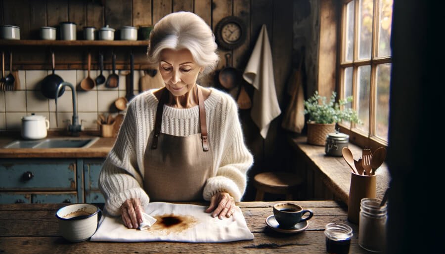 Grand-mère qui nettoie une tache de café sur un vêtement