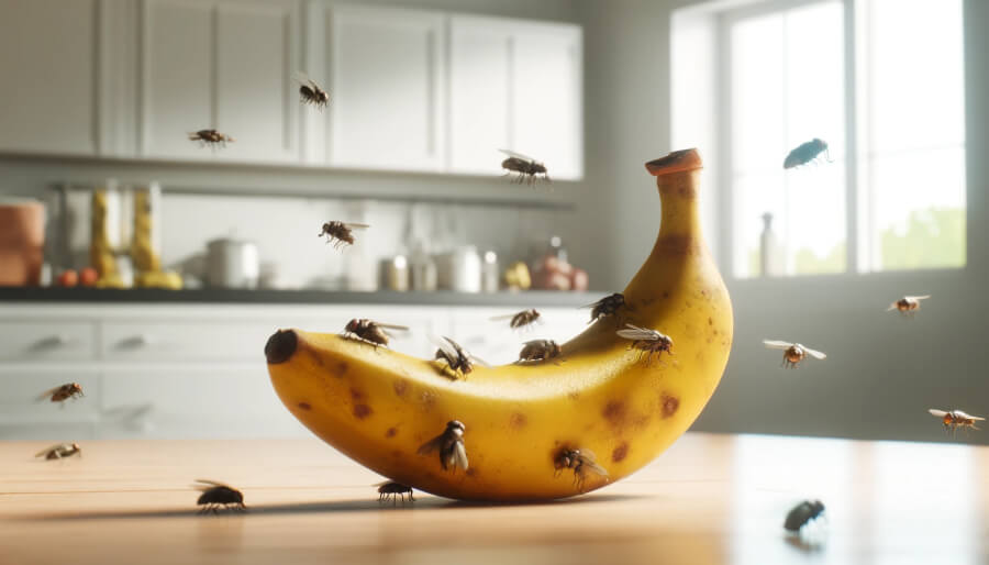 Moucherons sur une banane dans une cuisine
