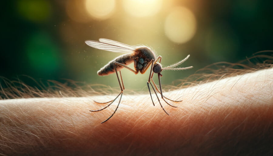 Un moustique entrain de faire un piqure sur le bras d'une personne