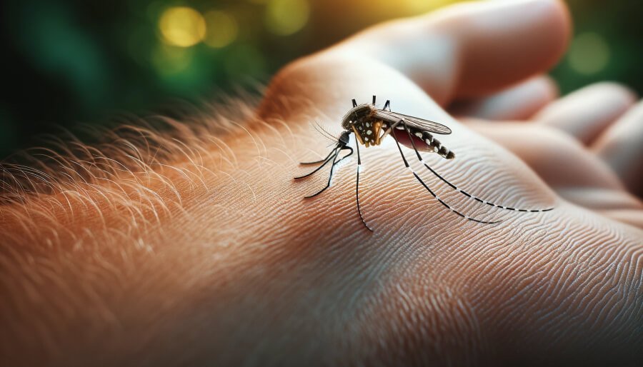 Un moustique entrain de faire un piqure sur la main d'une personne
