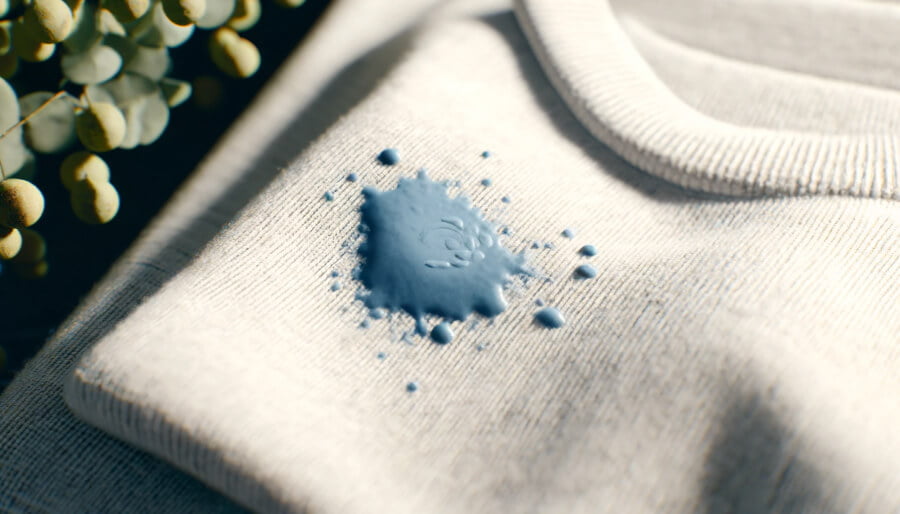Une tache de peinture bleue sur un vêtement