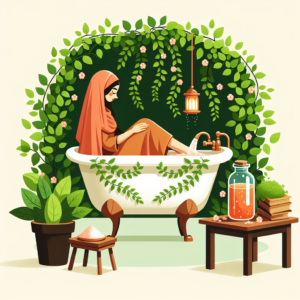 Une femme trempant ses pieds dans un bain de sel avec du vinaigre de cidre à côté