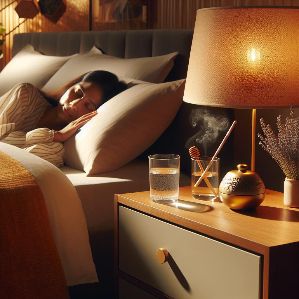 Chambre à coucher avec table de nuit contenant du miel, de l'eau et un diffuseur de lavande.