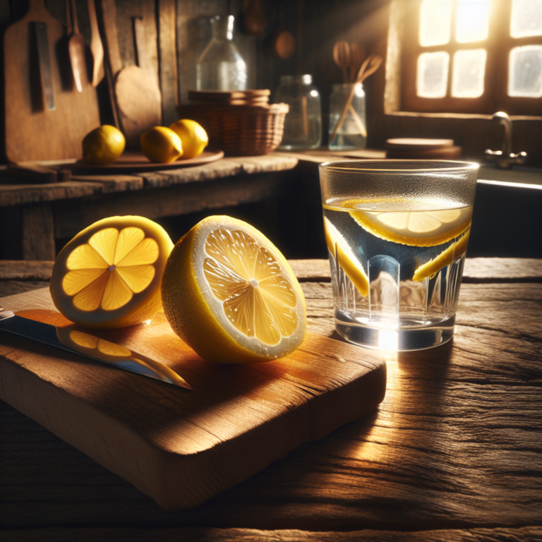 Un citron frais coupé en deux sur une planche en bois avec un verre d'eau, dans une cuisine rustique.