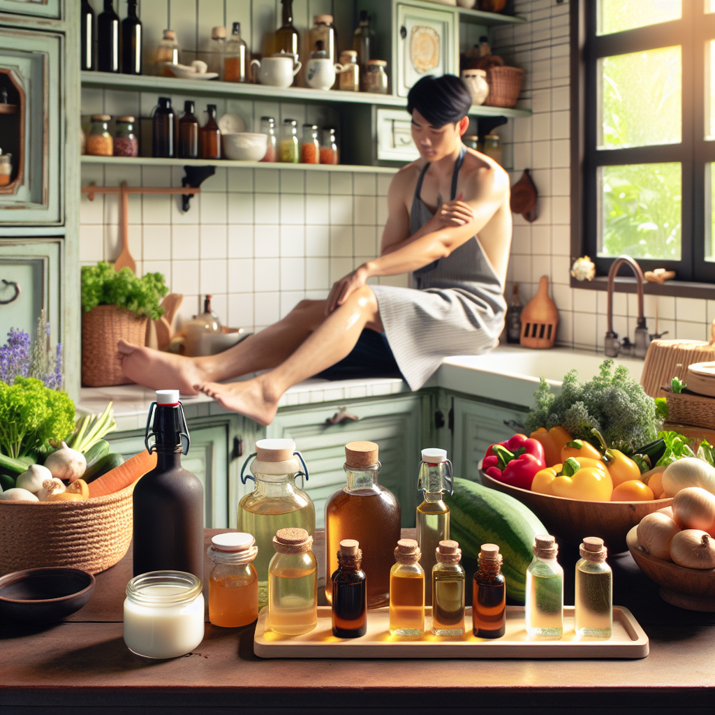 Cuisine avec remèdes traditionnels de grand-mère pour les jambes sans repos et une personne se massant les jambes.