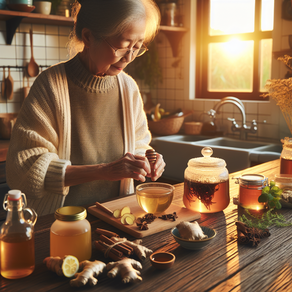 Grand-mère préparant une tisane au gingembre dans une cuisine chaleureuse.