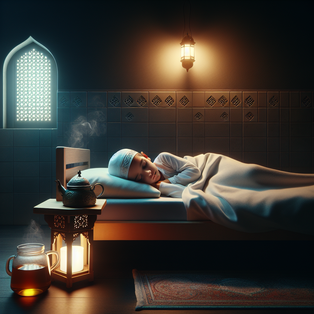 Enfant paisiblement endormi dans sa chambre avec une veilleuse et une infusion sur la table de chevet