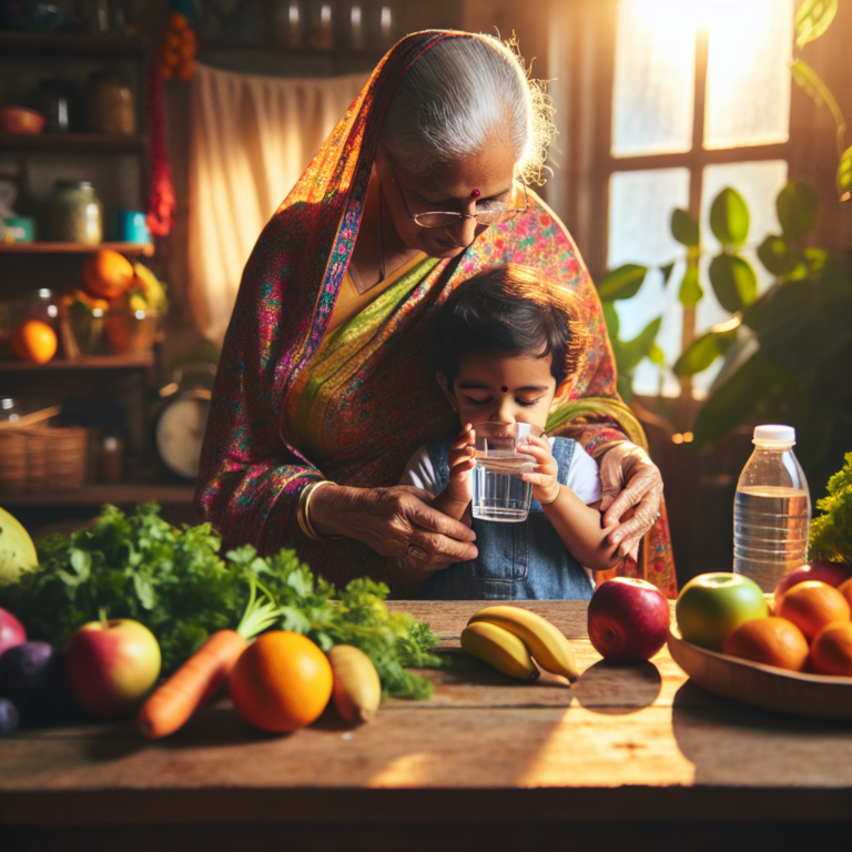 Une grand-mère aide un enfant à boire de l'eau avec des fruits et légumes en arrière-plan