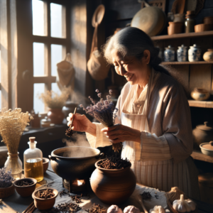 Une grand-mère préparant un remède décontractant musculaire avec des ingrédients naturels dans sa cuisine.
