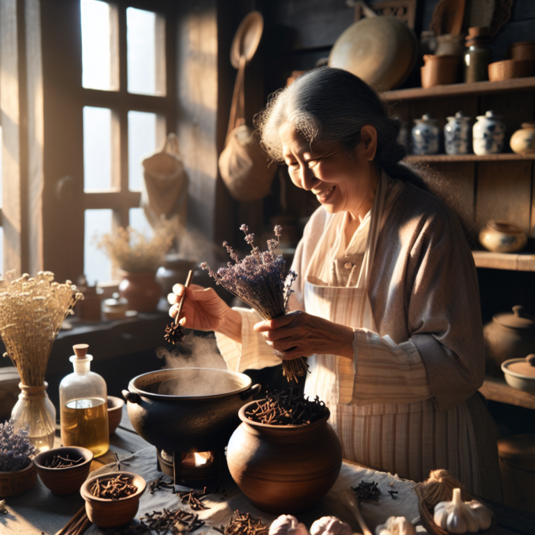 Une grand-mère préparant un remède décontractant musculaire avec des ingrédients naturels dans sa cuisine.