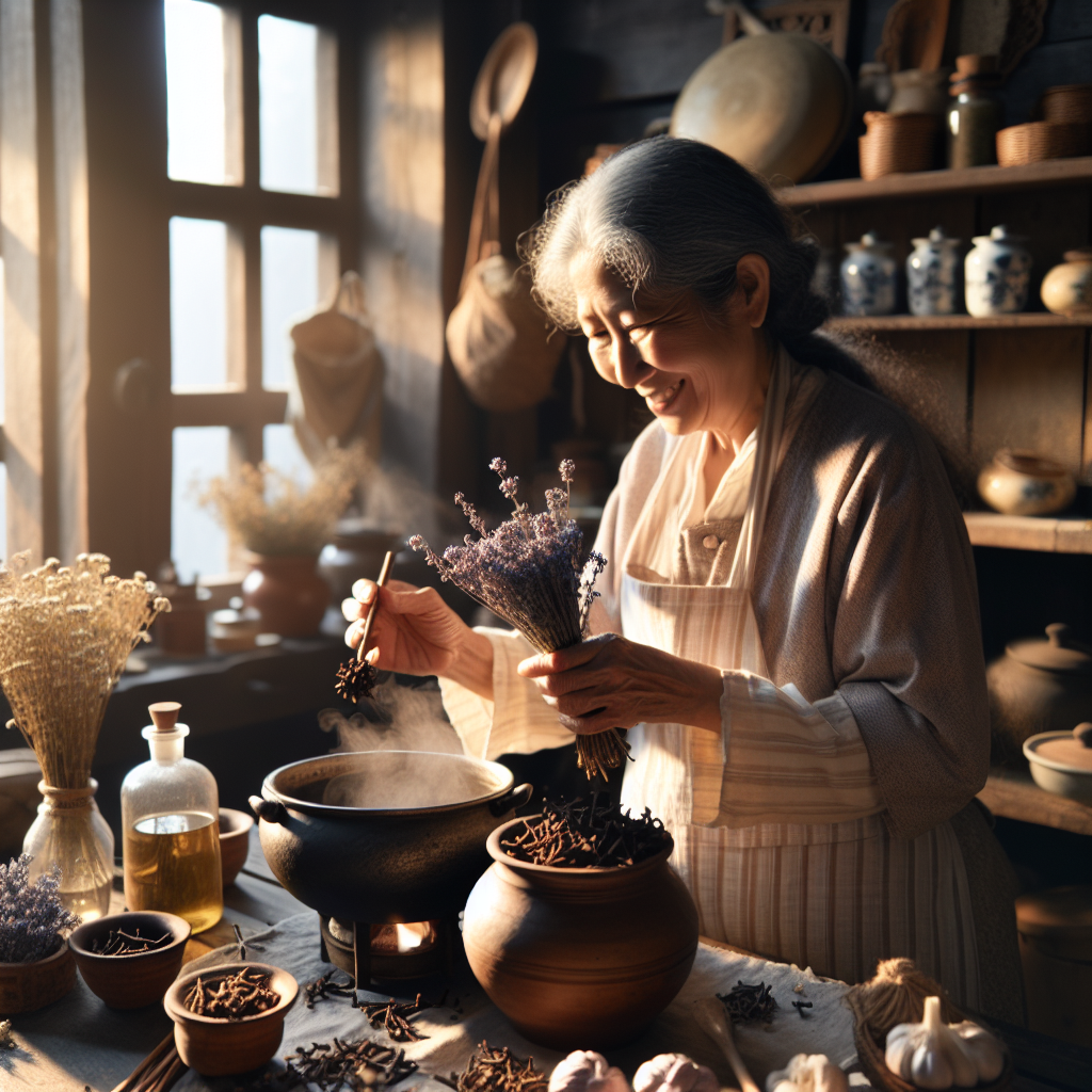 Une grand-mère préparant un remède décontractant musculaire avec des ingrédients naturels dans sa cuisine.