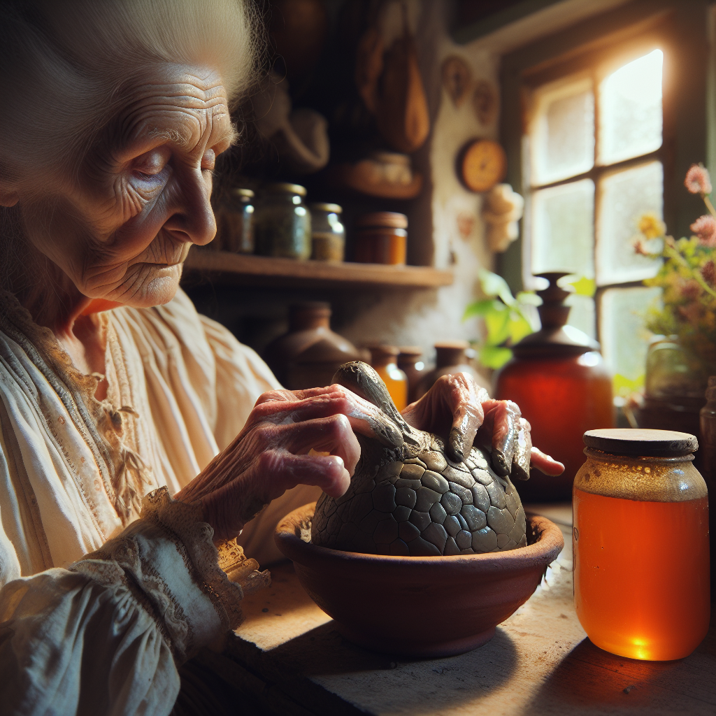 Une grand-mère utilisant un cataplasme d'argile sur un abcès enflé avec des herbes et du miel en arrière-plan.