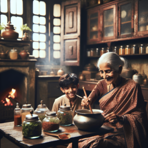 Une grand-mère préparant un remède à base de plantes dans une cuisine chaleureuse