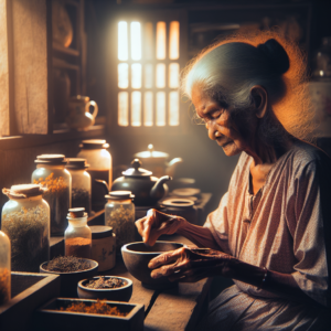 Une grand-mère préparant un remède naturel dans une cuisine rustique.