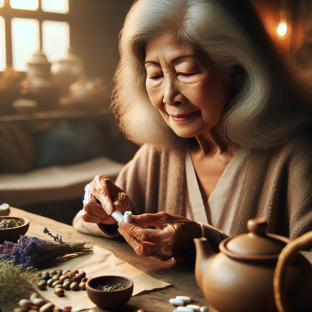 Une grand-mère utilisant un remède naturel pour traiter une oreille qui siffle, entourée de plantes médicinales et d'une théière.