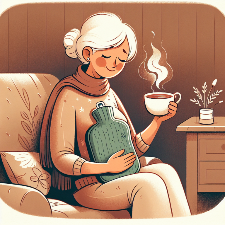 Grand-mère réconfortant une jeune fille avec une bouillotte et une tasse de tisane pour soulager les règles douloureuses.