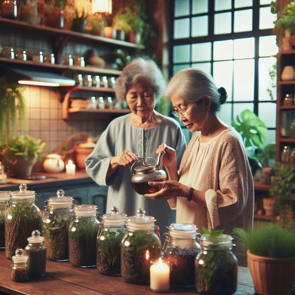 Une grand-mère préparant une tisane avec des plantes dans une cuisine cosy