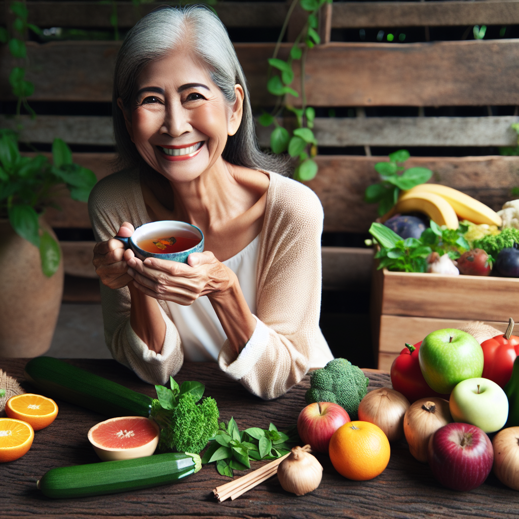 Une grand-mère souriante tenant une tasse de tisane, entourée de fruits, légumes et herbes.