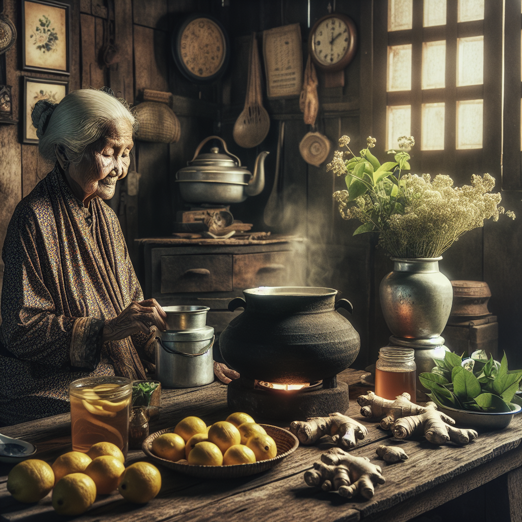 Une grand-mère dans sa cuisine entourée d'ingrédients naturels pour perdre du ventre