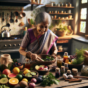 Une grand-mère mélangeant des remèdes à base de plantes et des fruits frais sur une table en bois dans une cuisine confortable