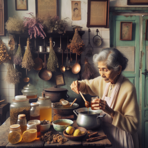 Grand-mère préparant des remèdes naturels pour le mal de gorge dans une cuisine vintage.