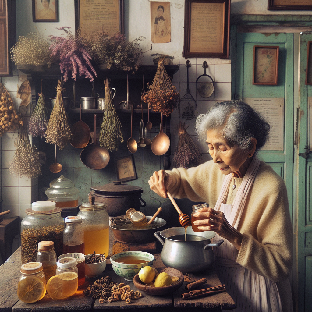 Grand-mère préparant des remèdes naturels pour le mal de gorge dans une cuisine vintage.