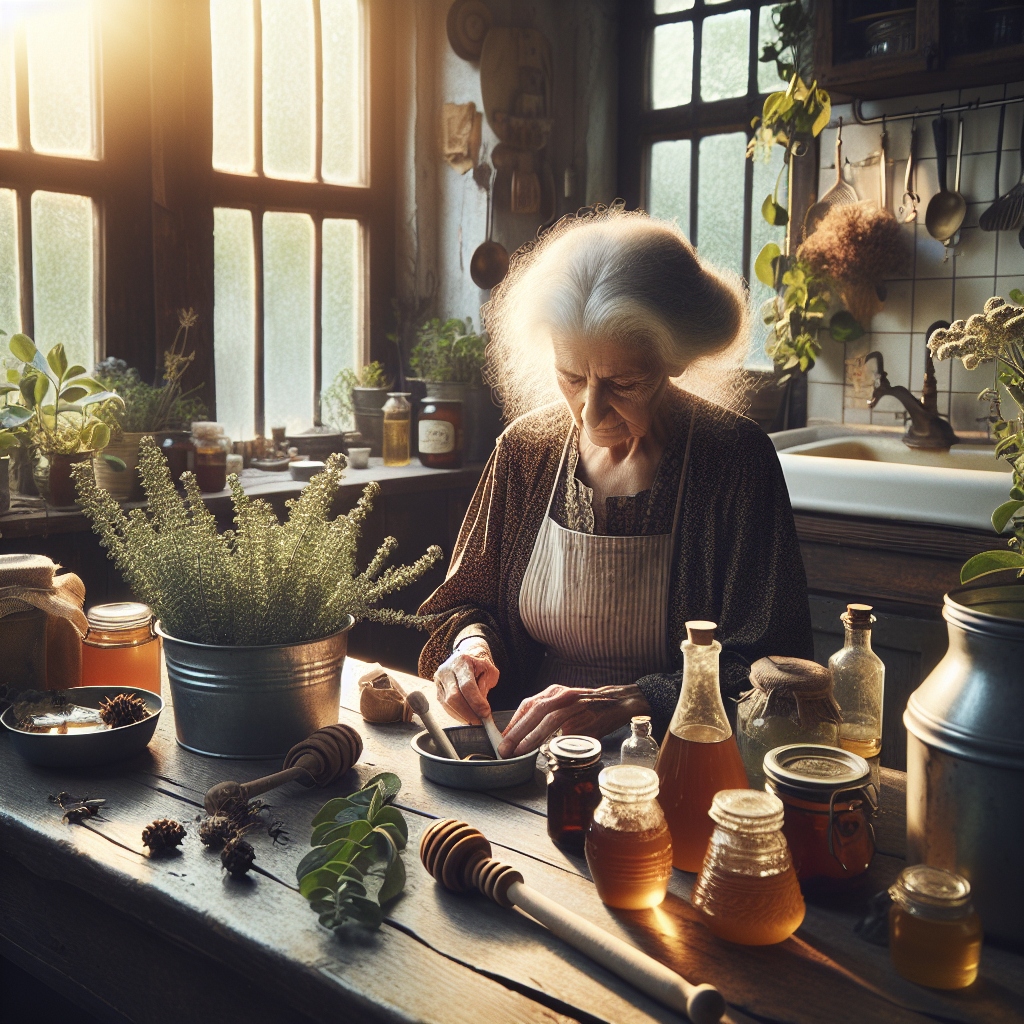 Une grand-mère dans une cuisine rustique préparant des remèdes naturels avec du vinaigre, du miel et des plantes pour traiter une piqûre de guêpe.