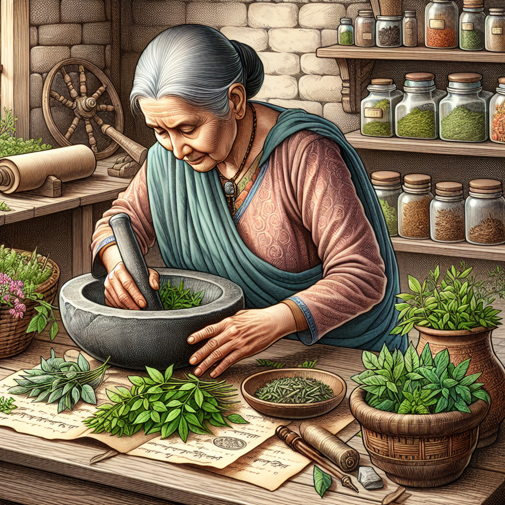 Une grand-mère préparant des remèdes à base de plantes pour traiter les problèmes digestifs.