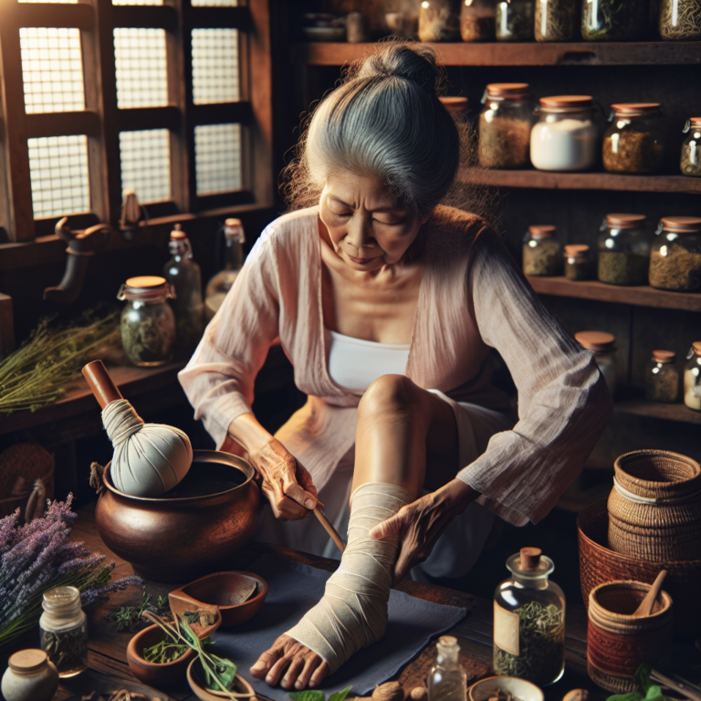 Une grand-mère préparant une compresse de plantes pour une jambe gonflée
