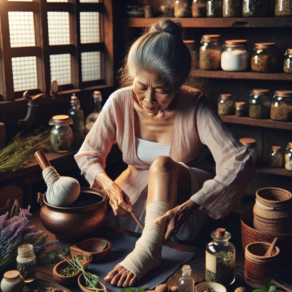 Une grand-mère préparant une compresse de plantes pour une jambe gonflée