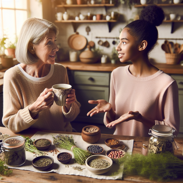 Une grand-mère discutant des remèdes pour la lactation avec une jeune maman, tasse de tisane à la main.