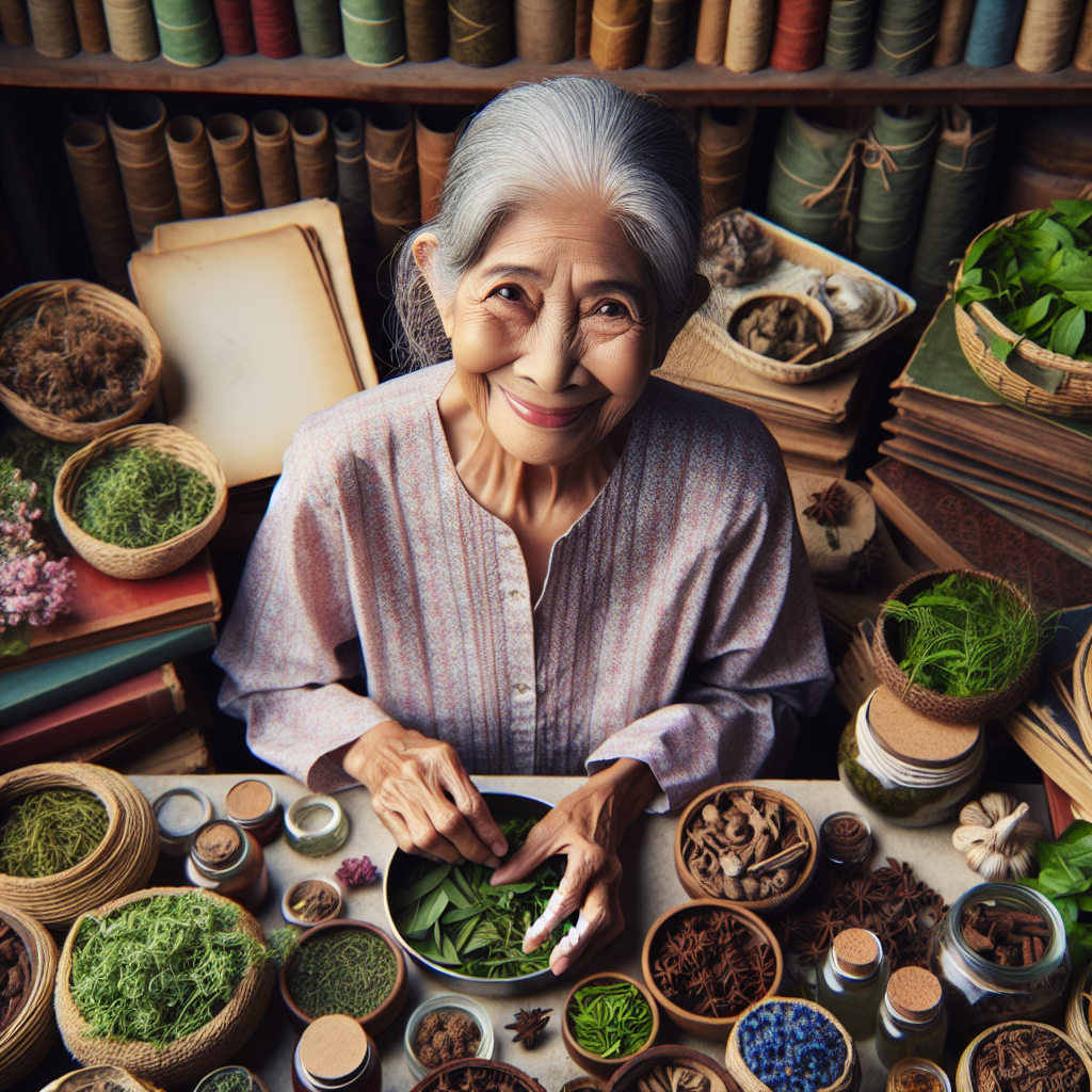 Sage grand-mère montrant des remèdes naturels pour le prolapsus.