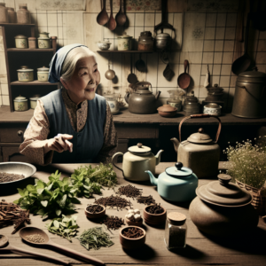 Une grand-mère dans une cuisine vintage, suggérant des méthodes naturelles pour repousser les souris.