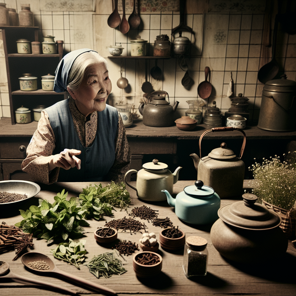 Une grand-mère dans une cuisine vintage, suggérant des méthodes naturelles pour repousser les souris.