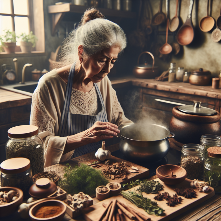 Une grand-mère préparant des remèdes à base de plantes et de bouillon dans une cuisine confortable