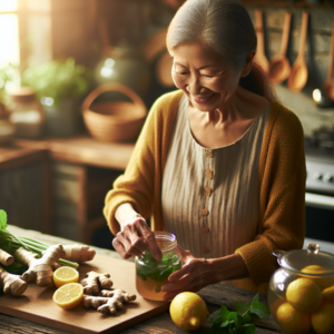 Une grand-mère préparant une tisane avec des ingrédients naturels dans une cuisine confortable pour aider à réduire la graisse abdominale