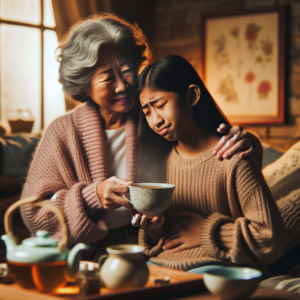Une grand-mère offrant une tasse de tisane à son petit-fils souffrant de crampes d'estomac.