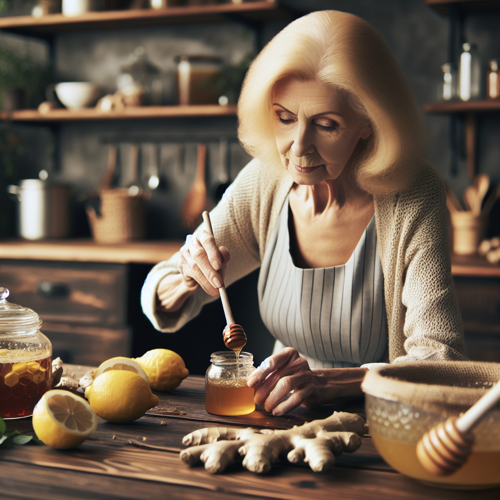 Une grand-mère dans une cuisine préparant un remède naturel pour maigrir avec du citron, du gingembre et du miel.