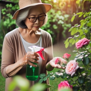 Une grand-mère dans un jardin vaporisant une solution naturelle sur un rosier pour traiter les taches noires sur les feuilles