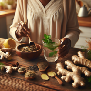 Grand-mère prépare une tisane avec des ingrédients naturels pour soulager un ventre gonflé