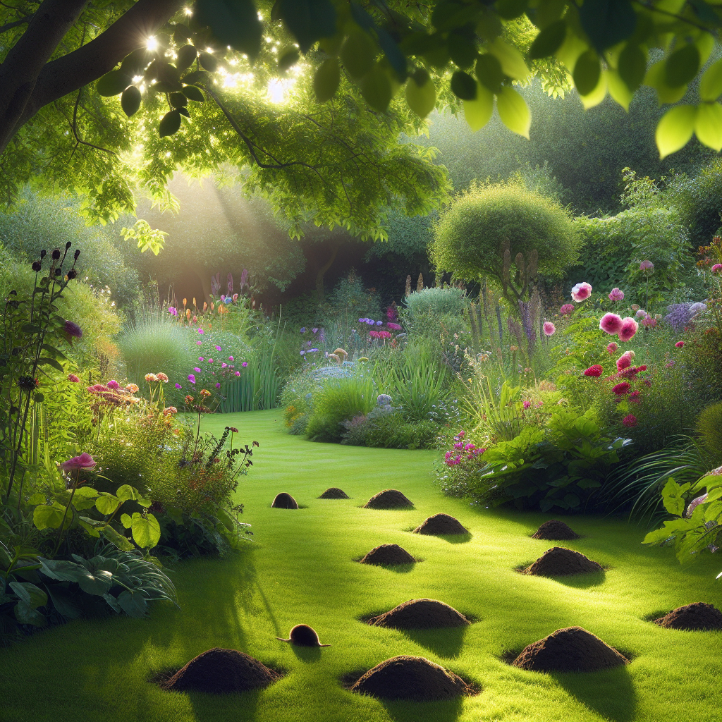 Jardin serein avec des plantes et des taupinières visibles sur la pelouse.