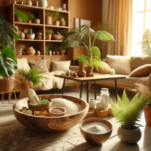 Un salon accueillant et sec avec des plantes et des bols de riz et de vinaigre pour lutter contre l'humidité