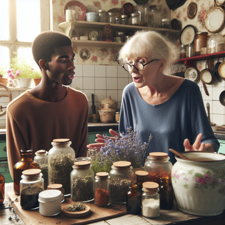 Une mamie expliquant des remèdes pour l'aérophagie dans une cuisine chaleureuse, entourée de plantes et d'épices.
