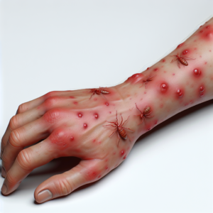 Photo d'une piqûre d'aoûtat sur un bras humain, illustrant une petite bosse rouge causant des démangeaisons.