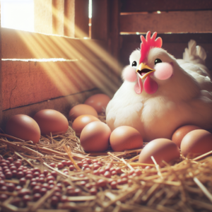 Poule heureuse en train de pondre dans un poulailler bien entretenu